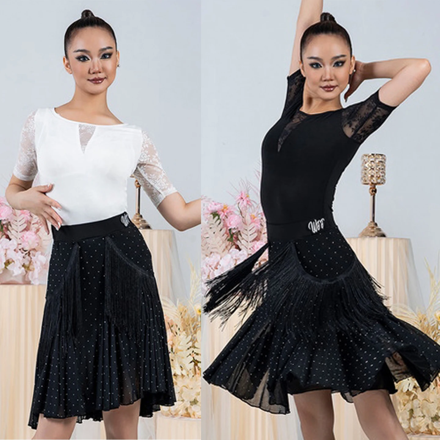

2025 New Summer Latin Dance Practice Clothing Short Sleeves Tops Rhienstone Fringe Skirt Club Adult Salsa Dance Costume DNV23887