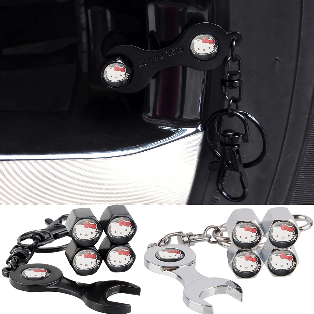 

4pcs Miniso Anime Cartoon Sanrio Hello Kitty Car Wheel Tire Valve Stem Caps Air Covers with Wrench for Dodge Opel Abarth Peugeot