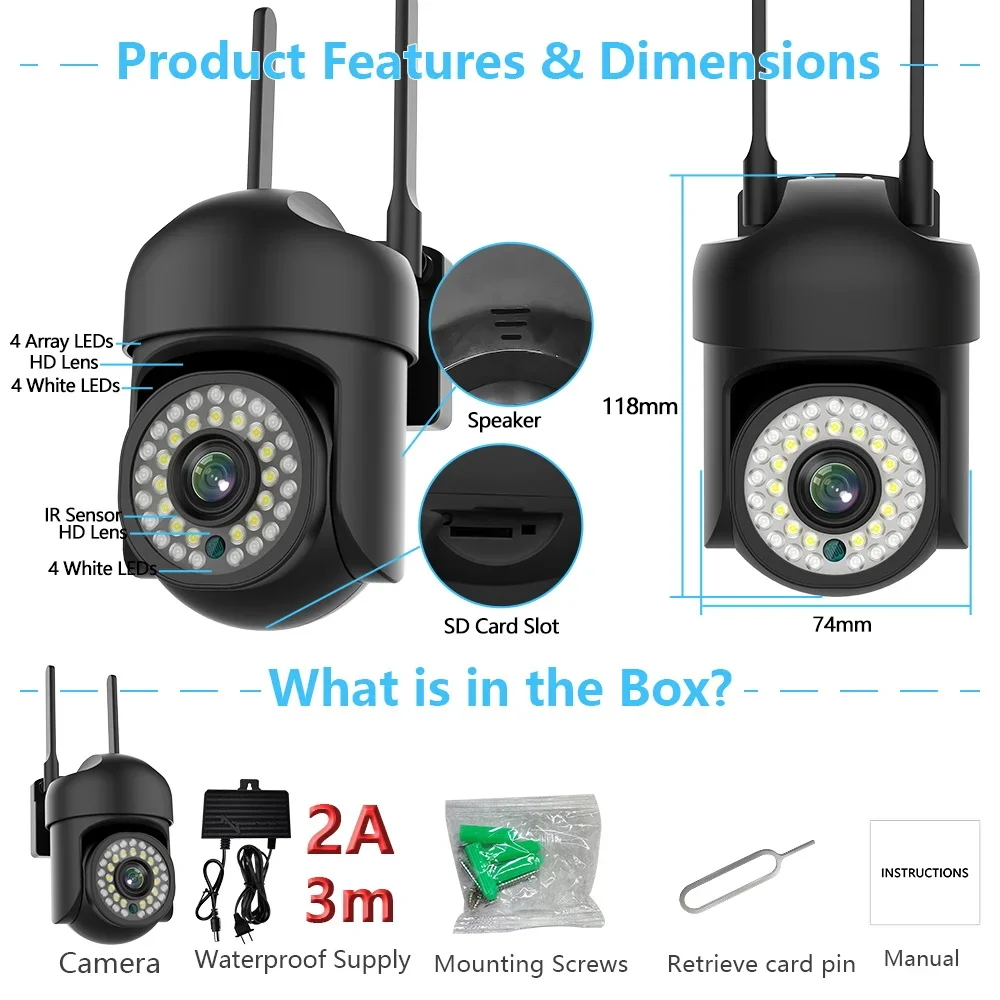 Câmera HD PTZ ao ar livre com visão noturna infravermelha, rastreamento automático, monitoramento de segurança, Tuya, AI, 5MP, 5G, 2,4 GHz