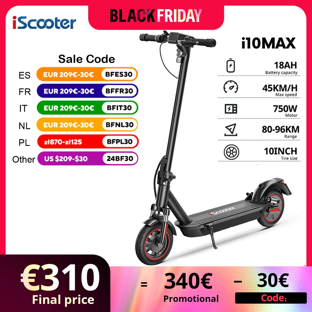 iScooter i10max Electric Scooter 18Ah Battery Foldable e scooter App Control 750w Adult Electric kick Scooter 80-96km Range