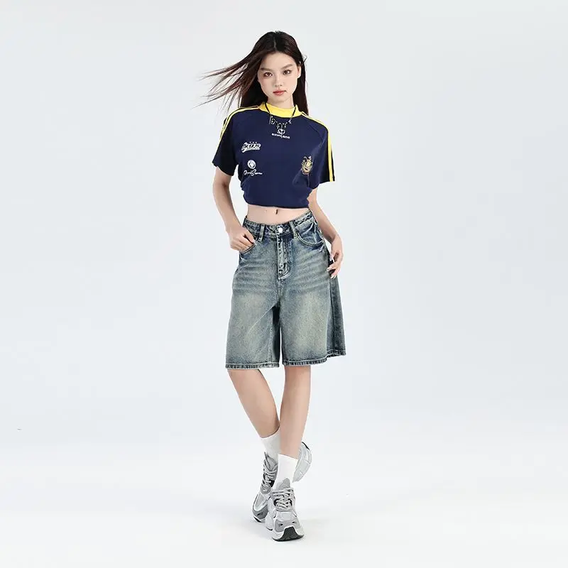 

American Retro Washed Lightning Pattern Loose Jeans New Trendy Cool Wide-Leg Five-Point Jeans
