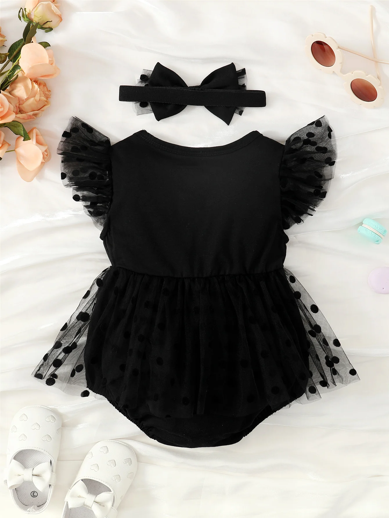 Elegant polka dot chiffon fabric fly sleeve A-line baby girl princess jumpsuit