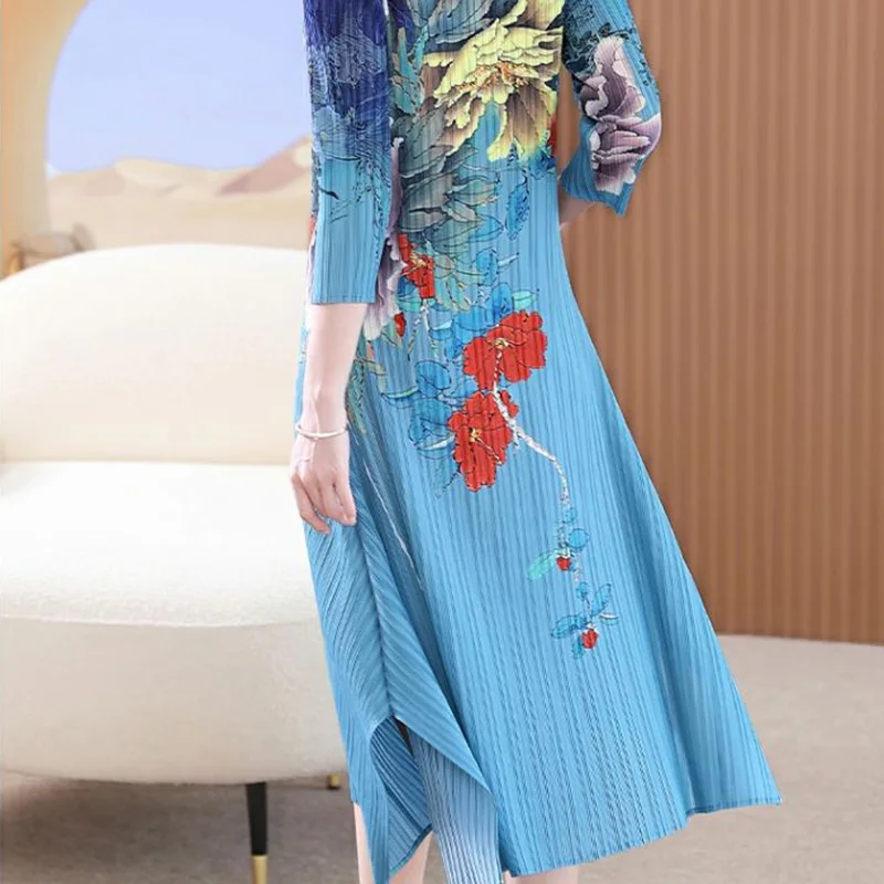 Chinesische Pfingstrose Druck Verbesserte Cheongsam Party Kleid Frauen Retro Stehkragen Frosch Elegante Dünne Miyake Plissee Abend