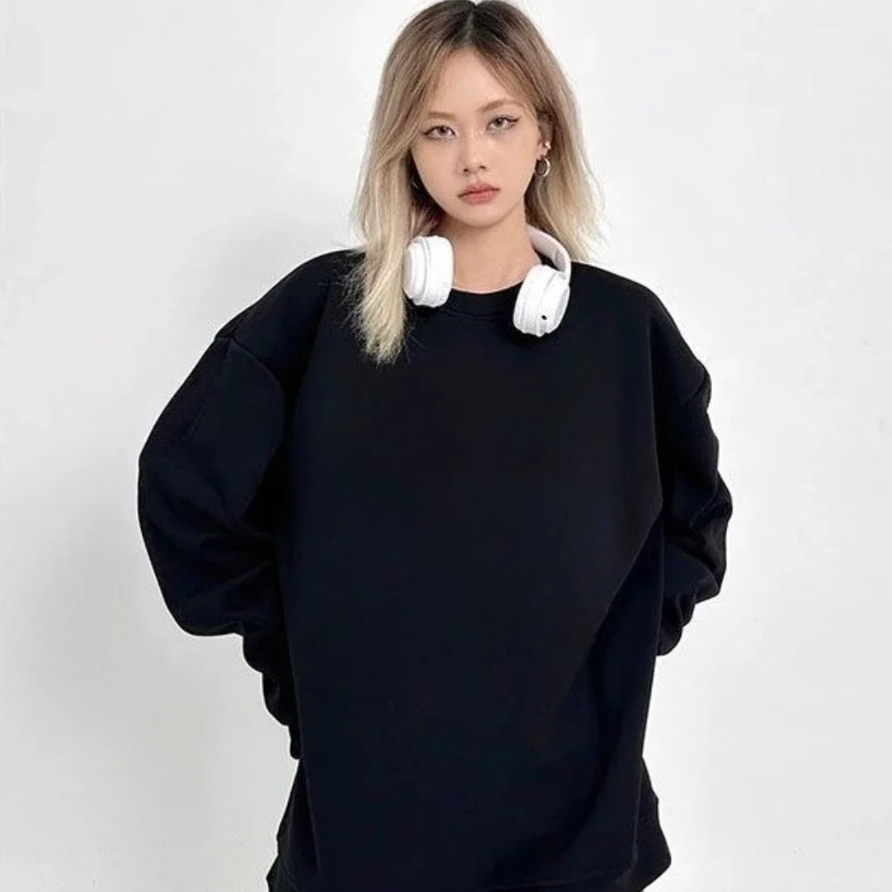 الكبار بلون القطن طويل الأكمام طاقم الرقبة سترة المرأة ربيع الخريف الأساسية أعلى للجنسين عارضة مريحة عالية الجودة أعلى