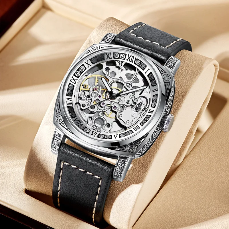 Stainless Steel New Dual-Sided Full Skeleton Luminous Waterproof Precision Leather Strap Self-Wind Automatic Watch for Men