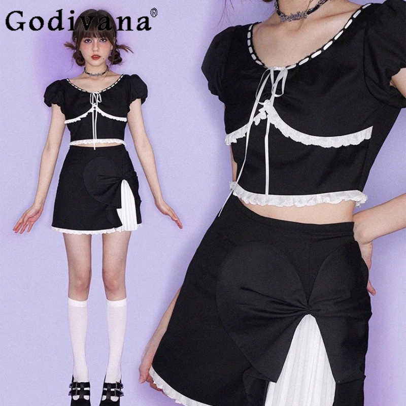 

Lolita Black White Sweet Romantic Lace-up Round Neck Playful Short Sleeve Top Girls Summer A-line Heart Shape Bow Elegant Skirt