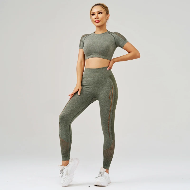 

2 pcs/set Tee Yoga Leggings Set Seamless Workout Outfit Hollow Out Sportswear Woman Gym Yoga Clothes Womens Tracksuit Activewear