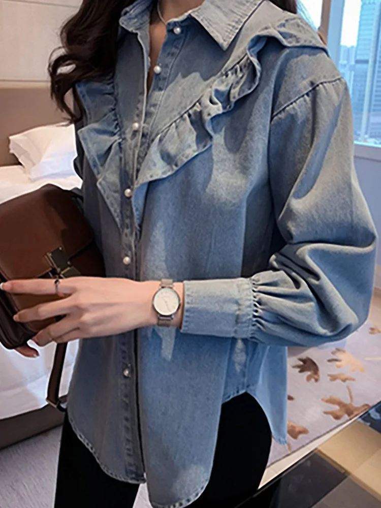 

Spring Women's Loose Long Sve Denim irt Korean Sle Collar Embellied Hemline Boting Top Trendy plus Size