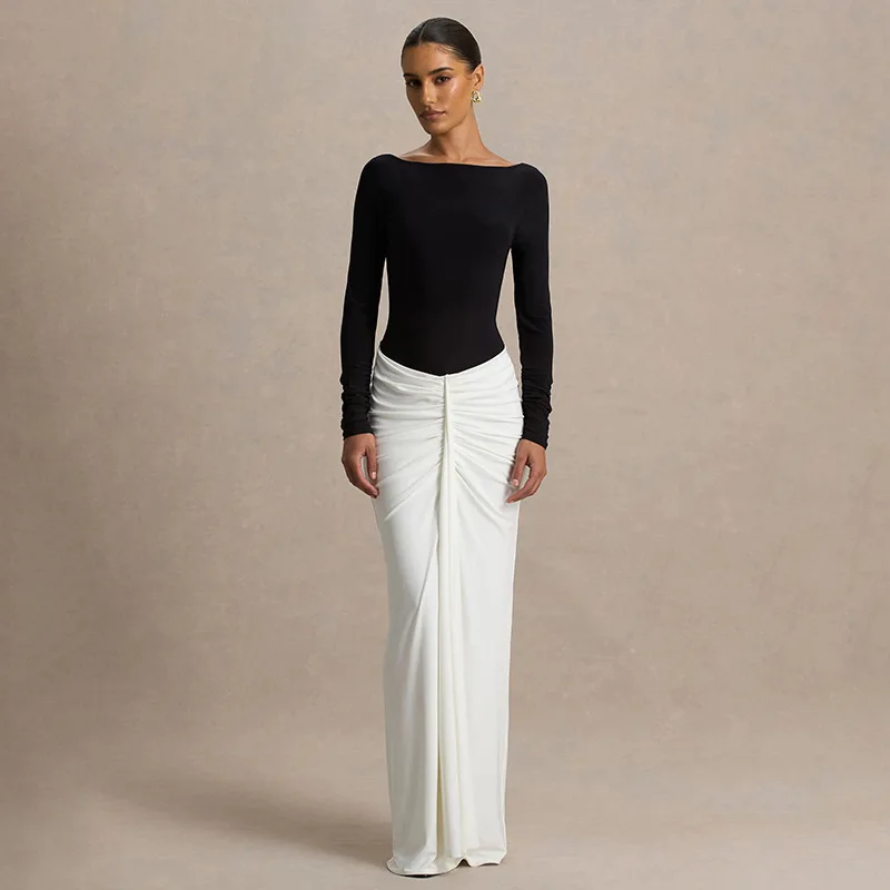 

Tornova Slim Contrast Backless Maxi Dress For Women Elegant Evening Party Ruched Dress Fashion Splice Long Sleeve Female Dress