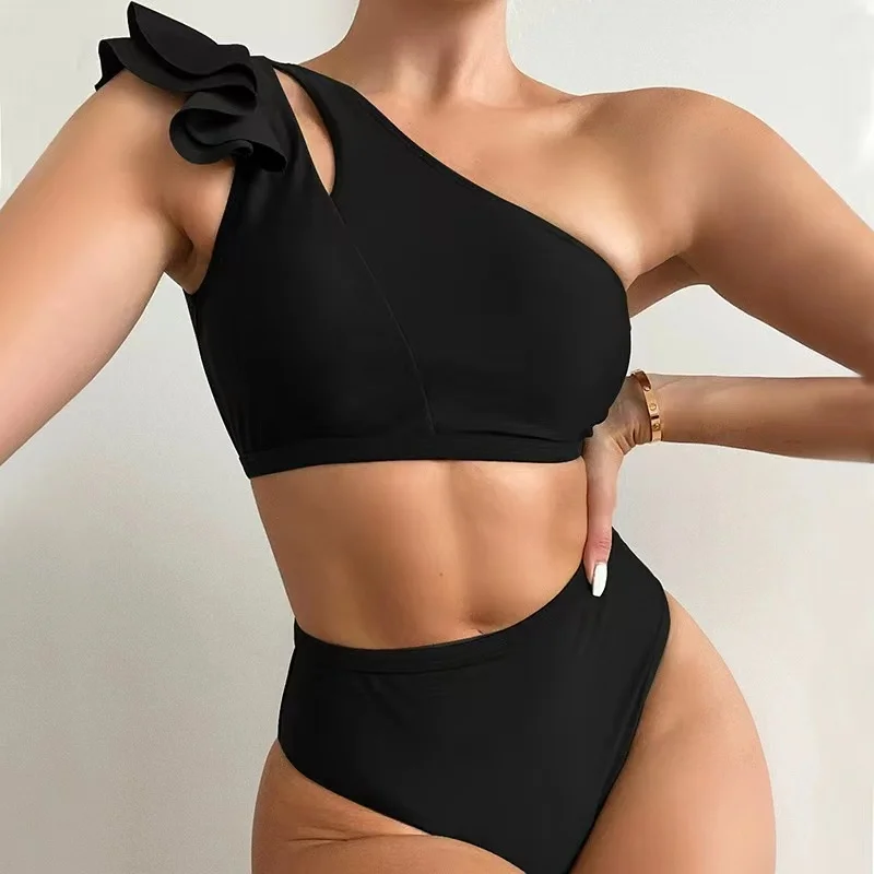 One Shoulder Cut Out Bikini Set Solid Swimsuit Women High Waist Swimwear Push Up Brazilian Bathing Suit Female Bikinis 2024 New