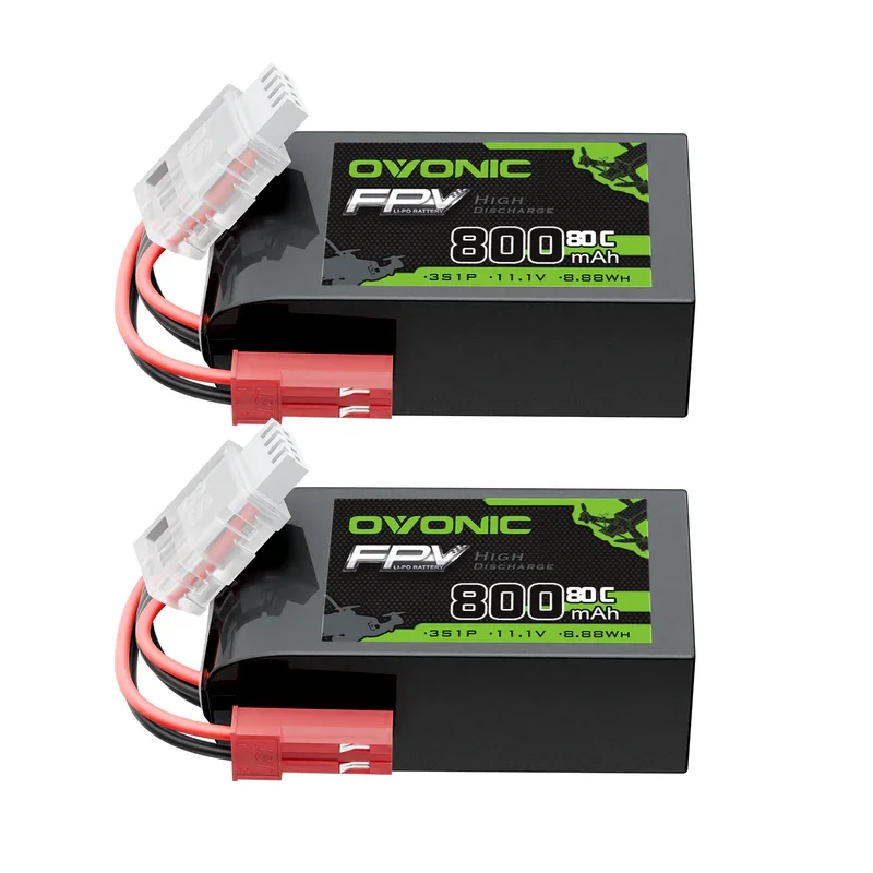 OVONIC 11.1V 80C 800mAh 3S LiPo Battery 2 Pack with JST Plug for Micro FPV Tinywhoop, Cinewhoop Drones & Helicopters
