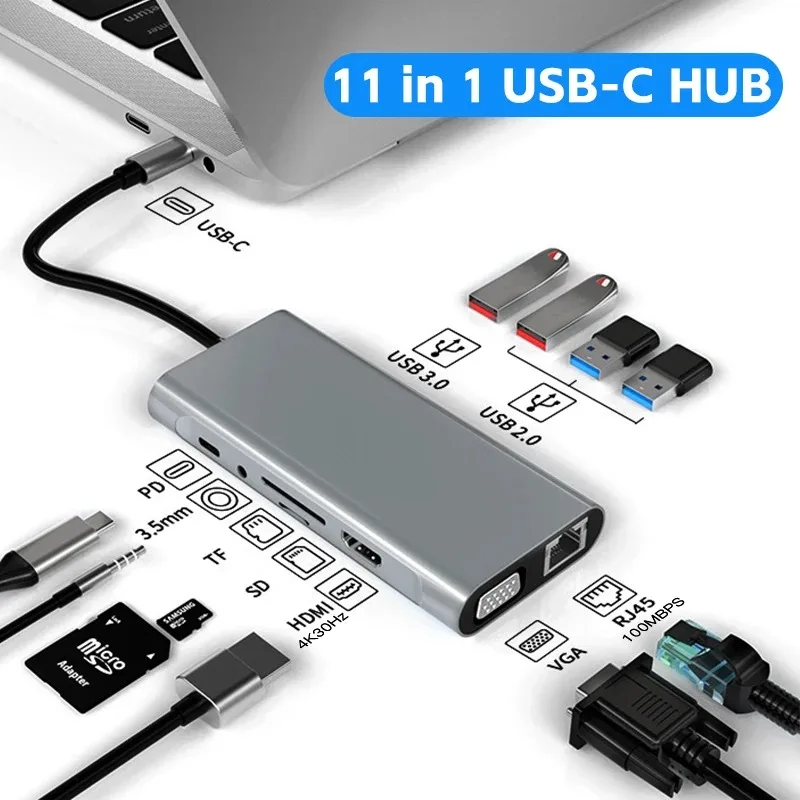 11 in 1 Type C Hub 4K 30Hz USB C to HDMI-compatible USB 3.1 Adapter Converter Docking Station Splitter for MacBook Pro Air