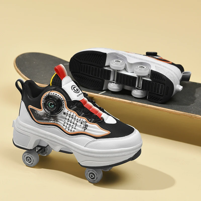 

Детские роликовые туфли, двухрядные четырехколесные туфли для катания на коньках, новые модные студенческие тренировочные спортивные туфли двойного назначения для детей
