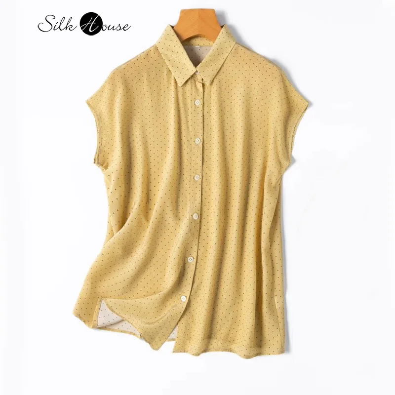 

Summer Casual Balck Dotted Shoulder Short Sleeved Women's Loose Single Breasted Lapel Shirt