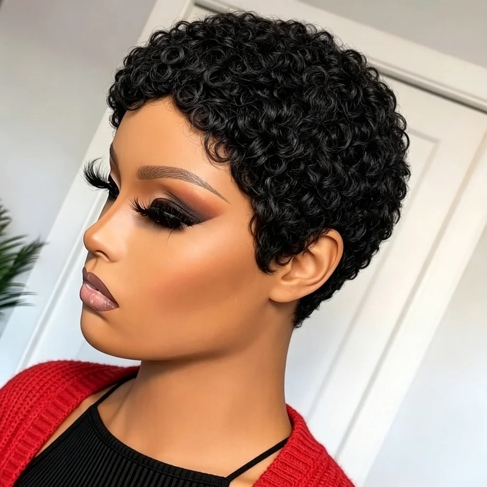 Full Machine Made Short Tight Curly Human Hair Wig, Natural Compact Curl Style for Daily Wear