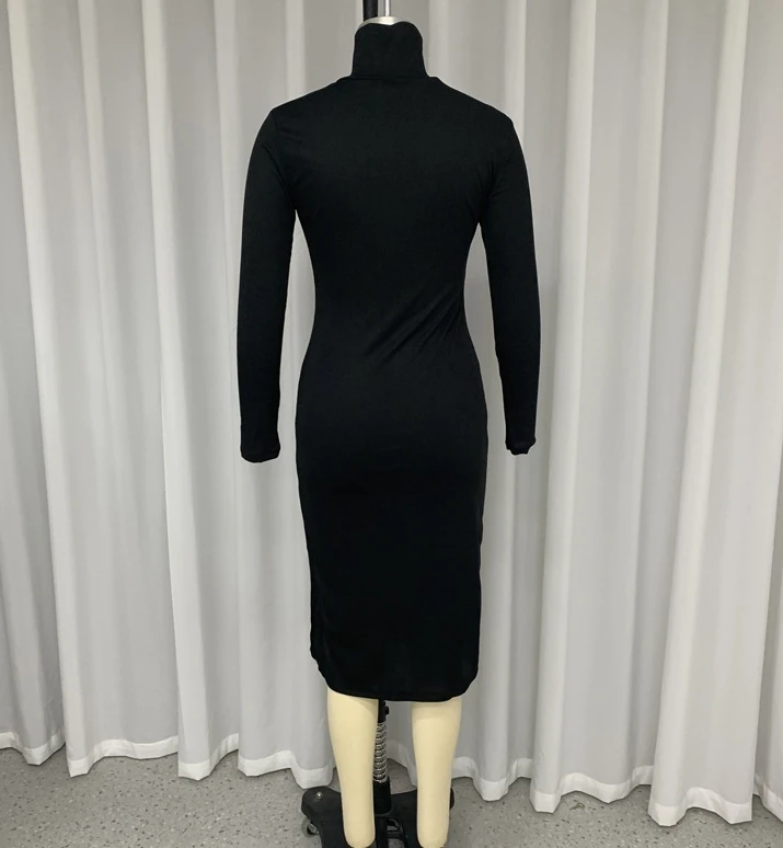 Vestido Midi elegante de manga larga para mujer, Jersey grueso y cálido, Bodycon, vestidos de fiesta, cuello alto, Vestido largo de punto dividido, Invierno