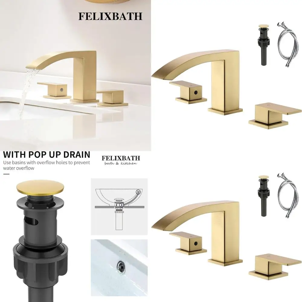 

8 Stainless Steel 3-Hole Brushed Gold Bathroom Sink Faucet with 2 Handles, Pop-Up Drain & Water Lines