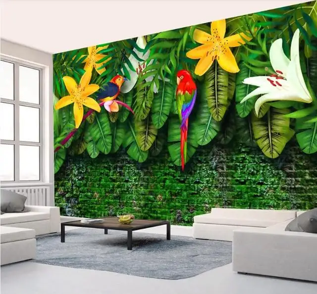 papel-de-parede-personalizado-com-foto-de-folhas-verdes-floresta-tropical-flores-passaros-sala-de-estar-sofa-tv-fundo-de-parede-quarto-restaurante