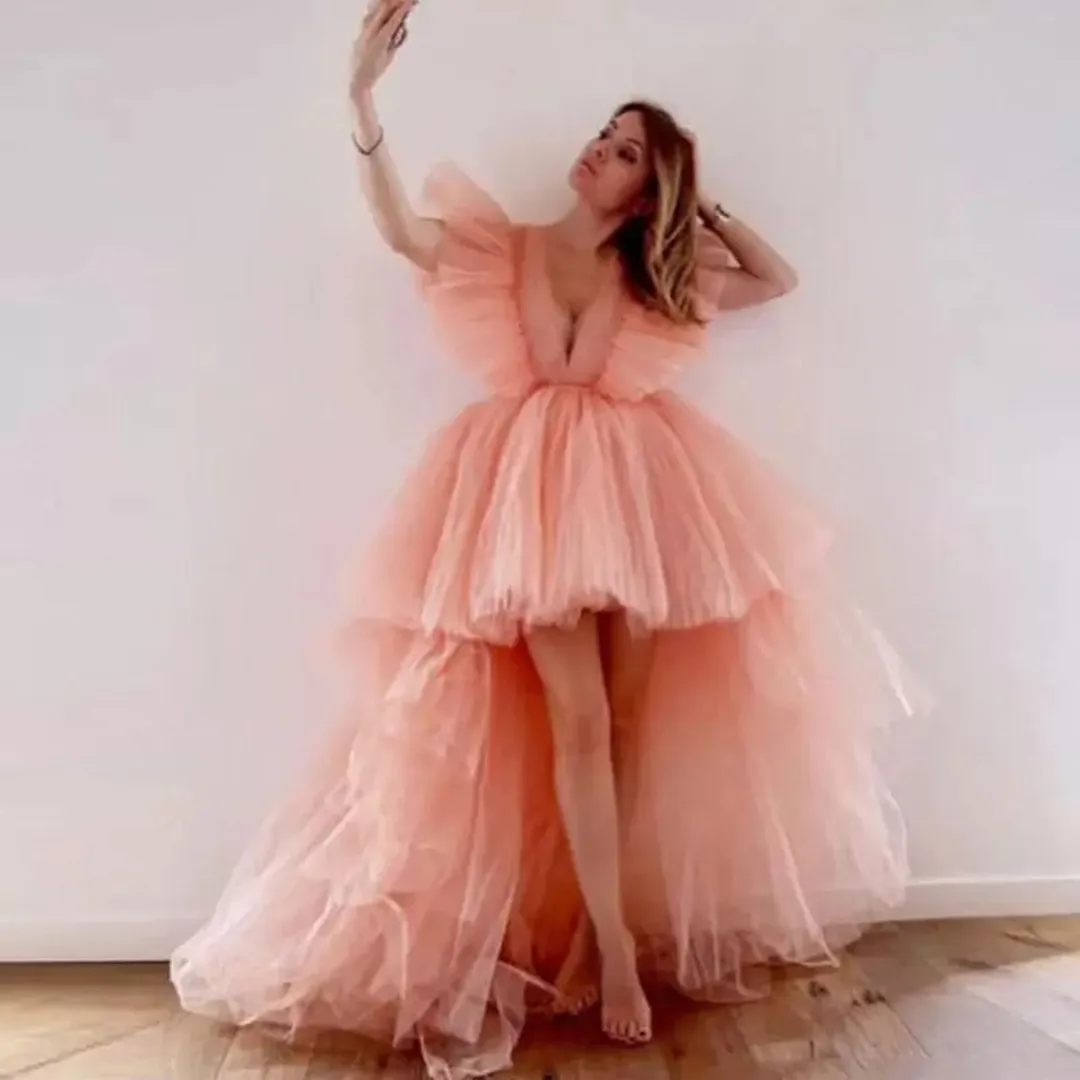 Abiti da ballo gonfi rosa bassi alti scollo a v profondo principessa Tulle abiti da sera da sera ragazze adolescenti spettacolo indossare servizio fotografico 16 vestito