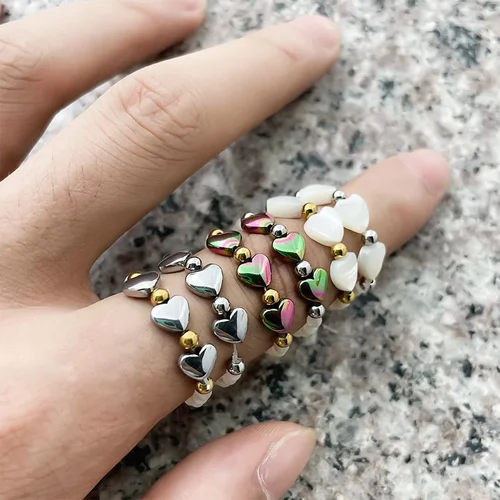 여성용 헤마타이트 월장석 하트 결혼 반지, 스테인레스 스틸 혼합 색상, 천연석 반지, 패션 탄성 로프 조절 가능