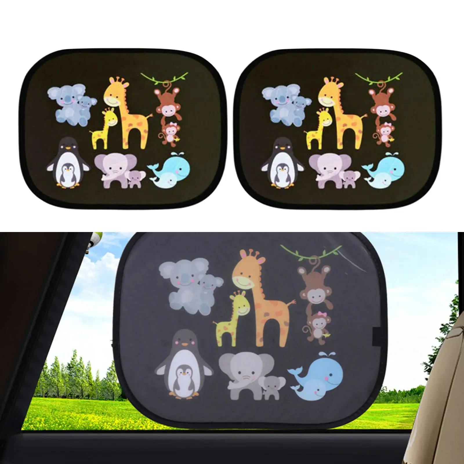 Lovely Set of 2 Cartoon Car Side Window Sunshades, No Stick Adhesive Marks Solar