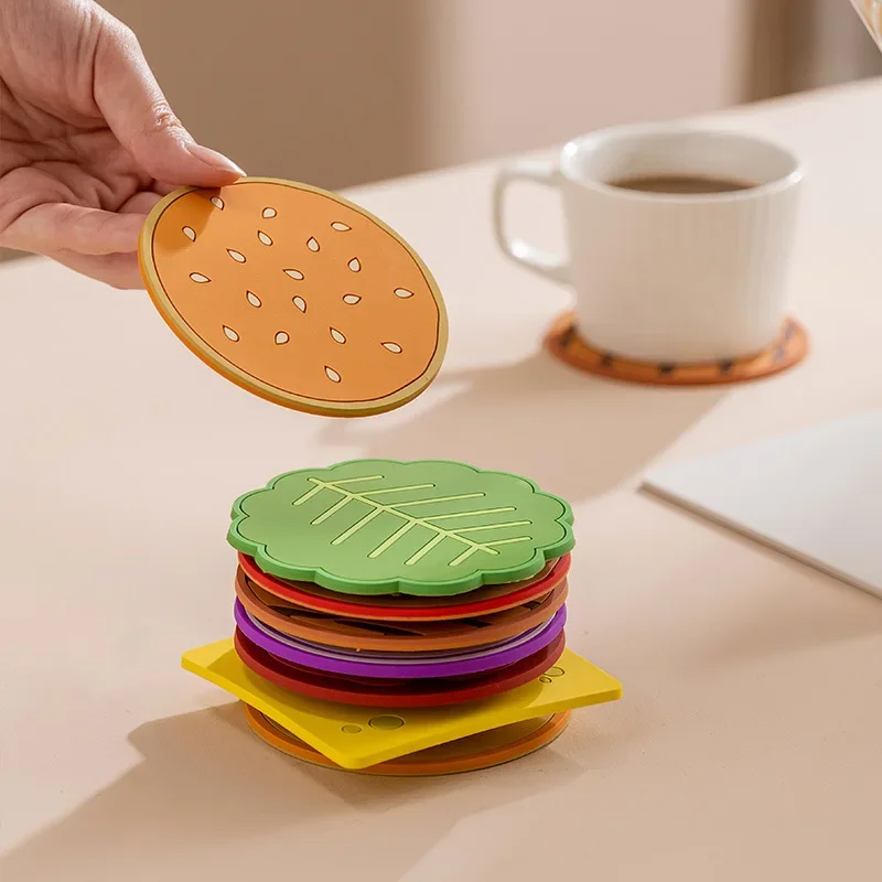 8pcs/set Burger Shape Coaster Creative Cup Pad Silicone Insulation Mat Mug Holder Kitchen Dining Bar Table Decorations Kids Gift