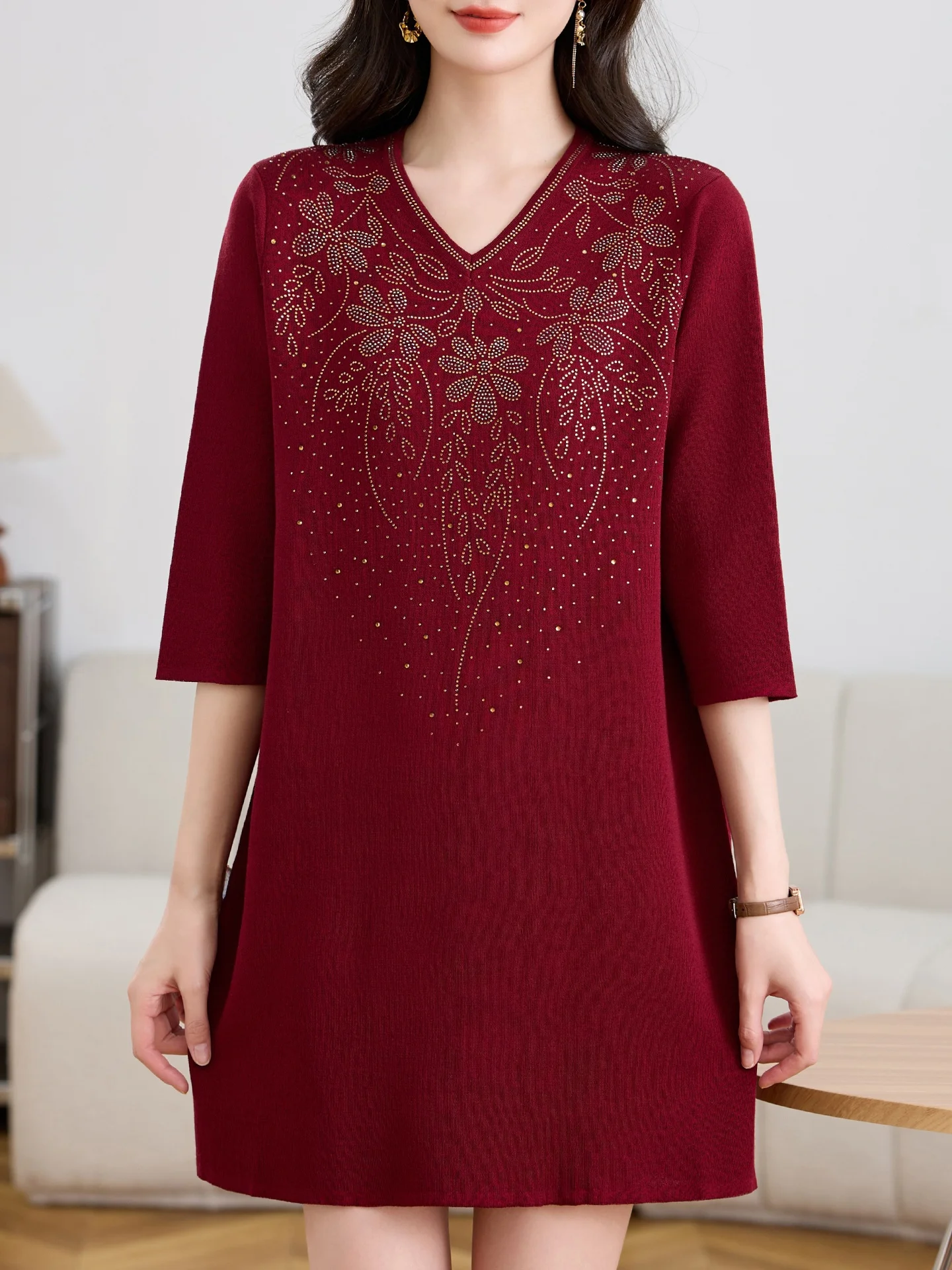 abito-in-maglia-di-seta-ghiaccio-con-scollo-a-v-e-strass-vestibilita-ampia-manica-a-tre-quarti-stile-mamma-per-primavera-estate-casual