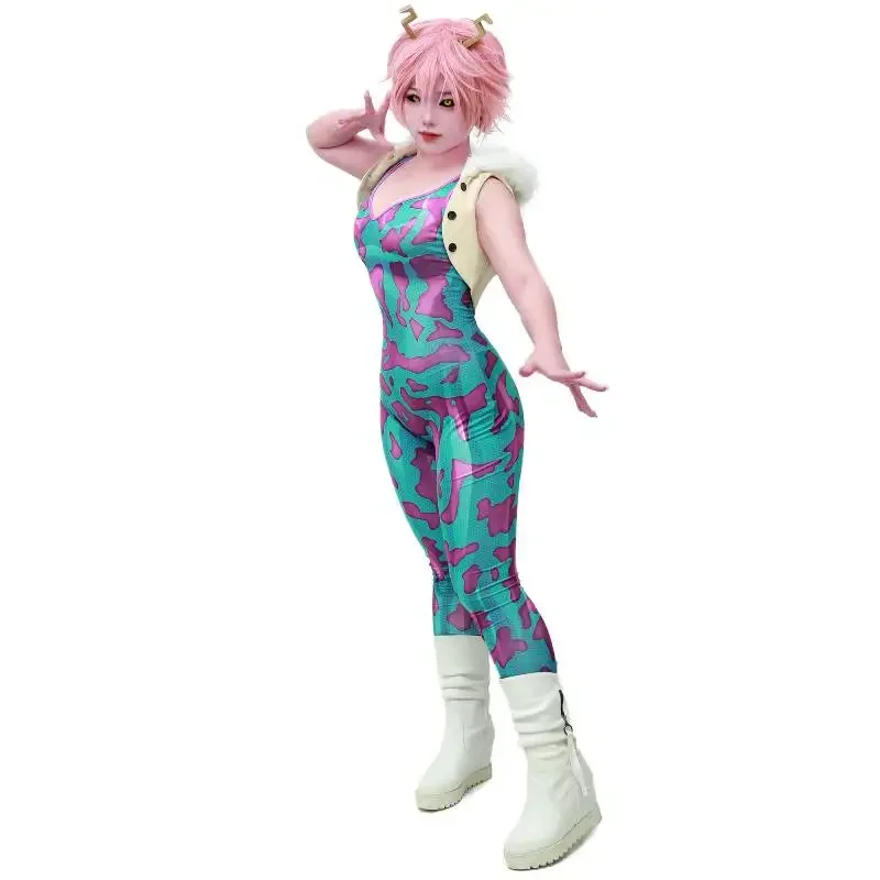 DAZCOS Anime Cosplay Pinky Ashido Mina Cosplay Costumes for Women Zentai Spandex Jumpsuits Cosplay Bodysuit With Tank！1e