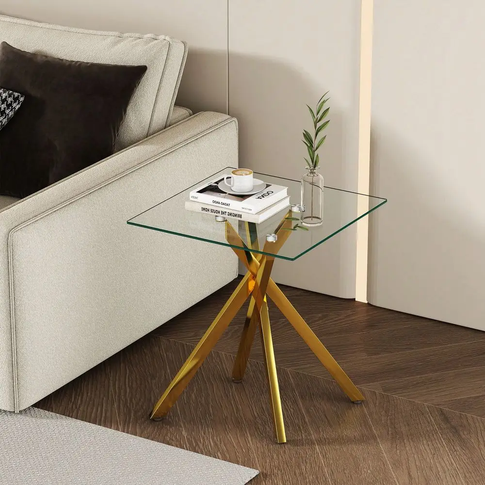 

End Table, Modern Square Side Table With Clear Tempered Glass Metal Frame, Small Nightstand For Bedroom Living Room
