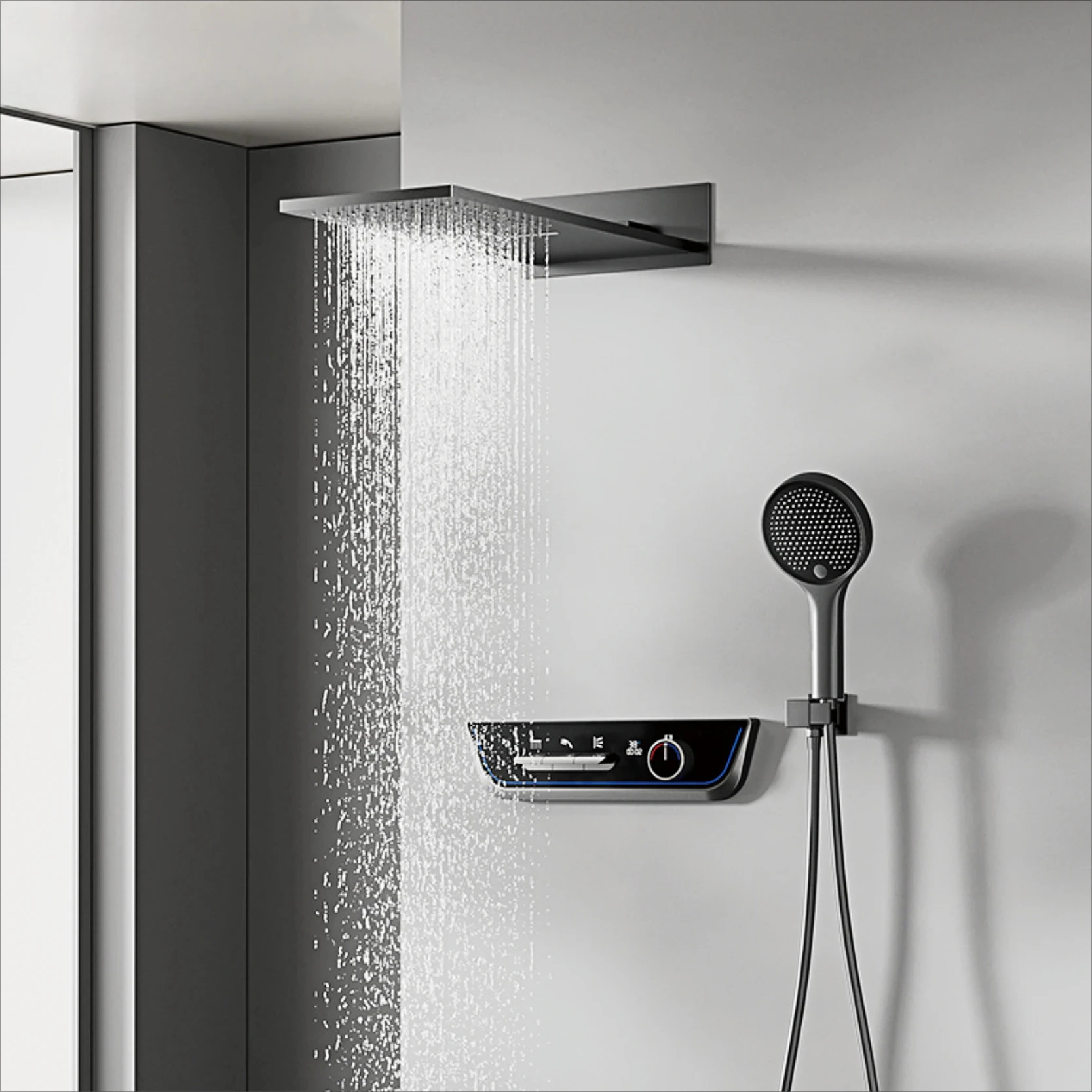 

Умный черный латунный термостатический светодиодный цифровой дисплей, настенный скрытый душевой набор, водопад, дождь, современный смеситель для ванной комнаты