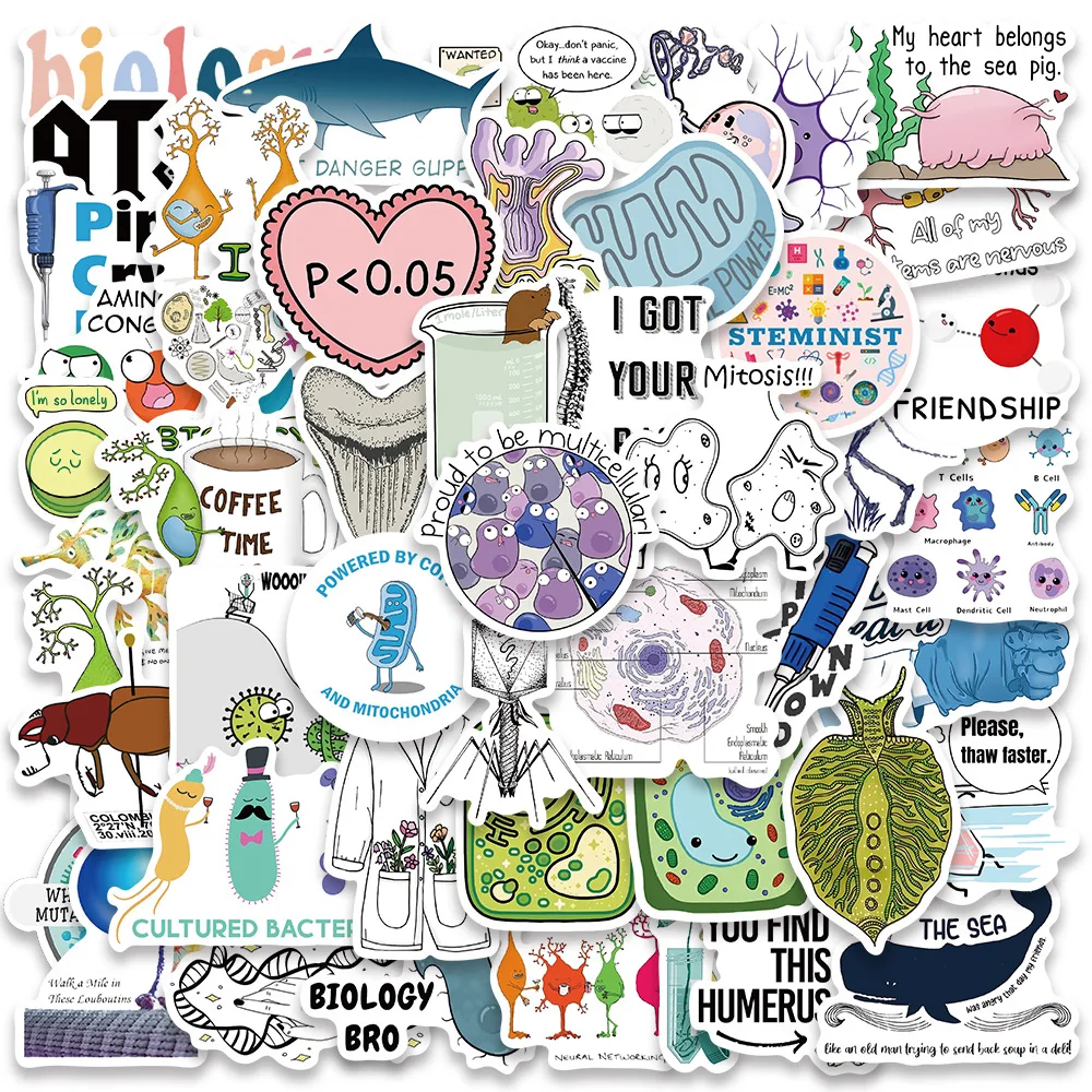 50Pcs INS Novelty Cute Kawaii Biology Series Stickers PVC Waterproof Stickers Decals For Kids Boys Girls Toys Gifts