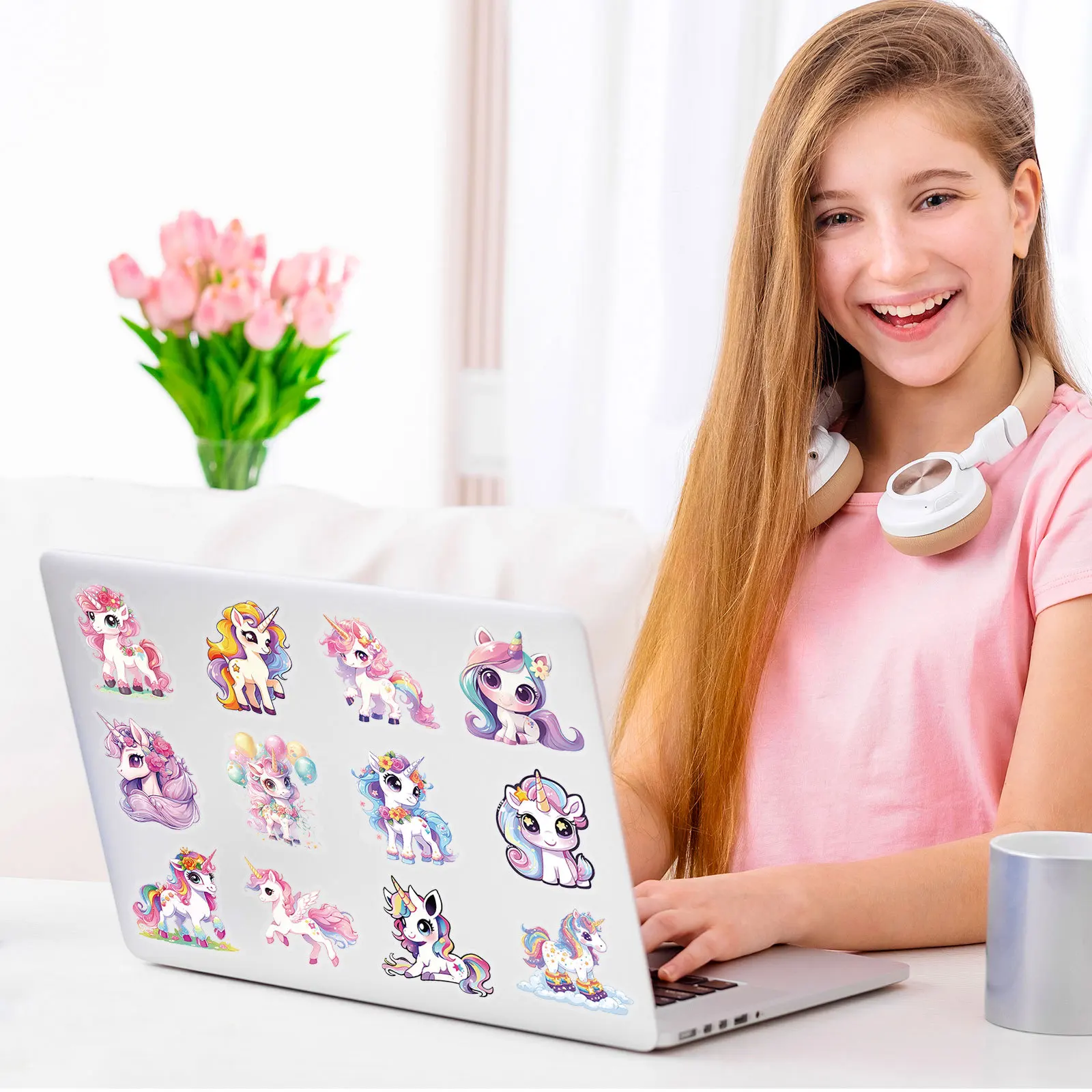 56PCS Color Unicorn Stickers Cute Animal Cartoon Graffiti Decorate DIY Notebook Suitcase Phone Fridge Water Cup Guitar Kids Toys