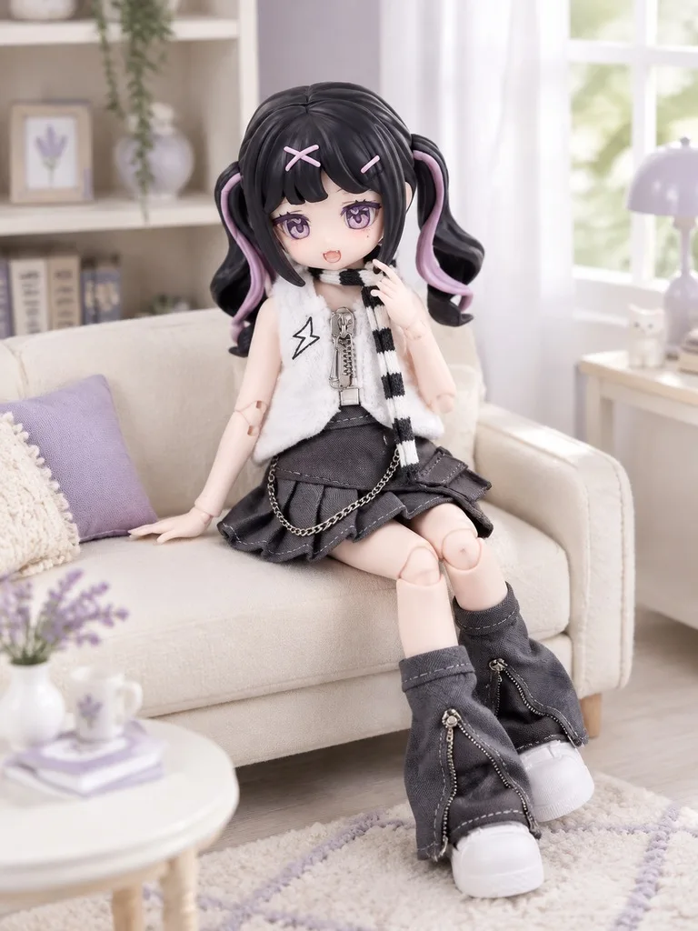 BJD Doll Clothes Cute Street Style Faux Fur Vest, Gray Pleated Skirt, Striped Scarf & Leg Warmers Outfit, Doll Not Included - view 4