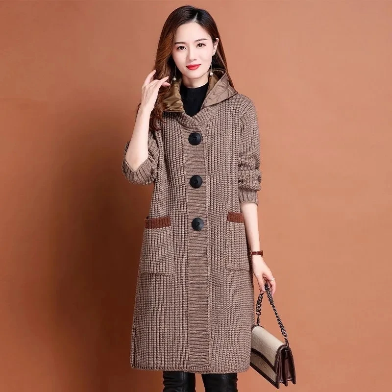 

Hooded Sweater Coat Women's Overcoat Autumn Winter 2024 New Fashion Elegant Loose Foreign Medium Long Knitted Cardigan Coat