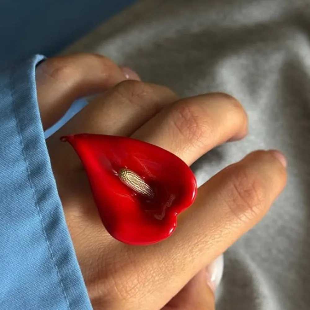 Fashion Adjustable Enamel Calla Flower Ring Metal Opening Geometric Open Ring Delicate Colorful Vintage Ring Jewelry Accessories