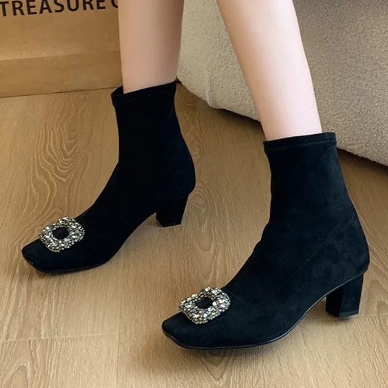 Women's Shoes on Sale 2024 Fashion Sleeve Women's Boots Winter Square Toe Sequins Solid Short Barrel Chunky Heels Female Boots