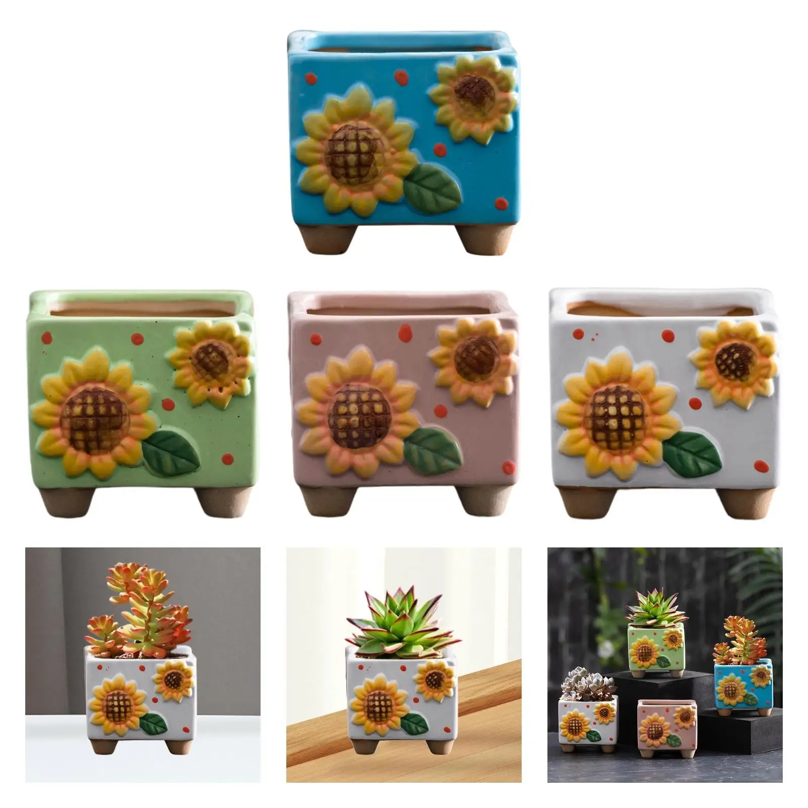Ceramic Sunflower Planter Small Square Flower Pot for Farmhouse Table Office