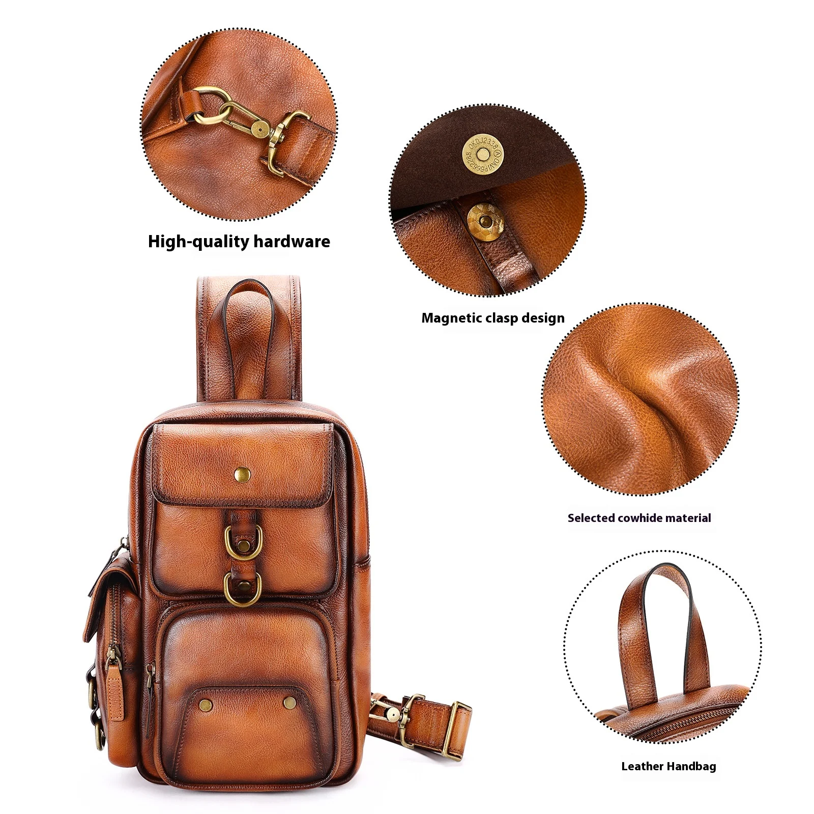 Handmade Vintage Men's Chest Bag with Genuine Leather and Cowhide