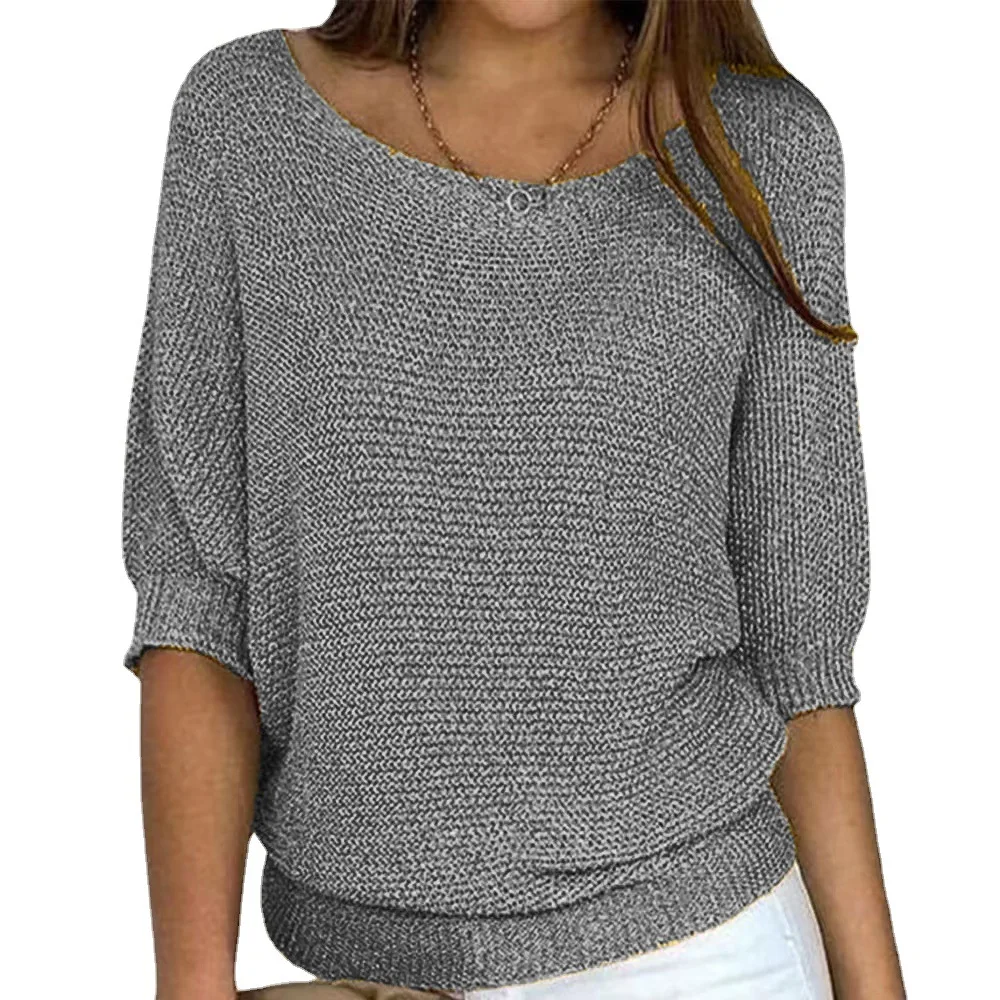 Spring and Autumn Commuter Seven Sleeve Tops Air-Conditioning Shirt Pure Color Round Neck Knitted Shirt for Women