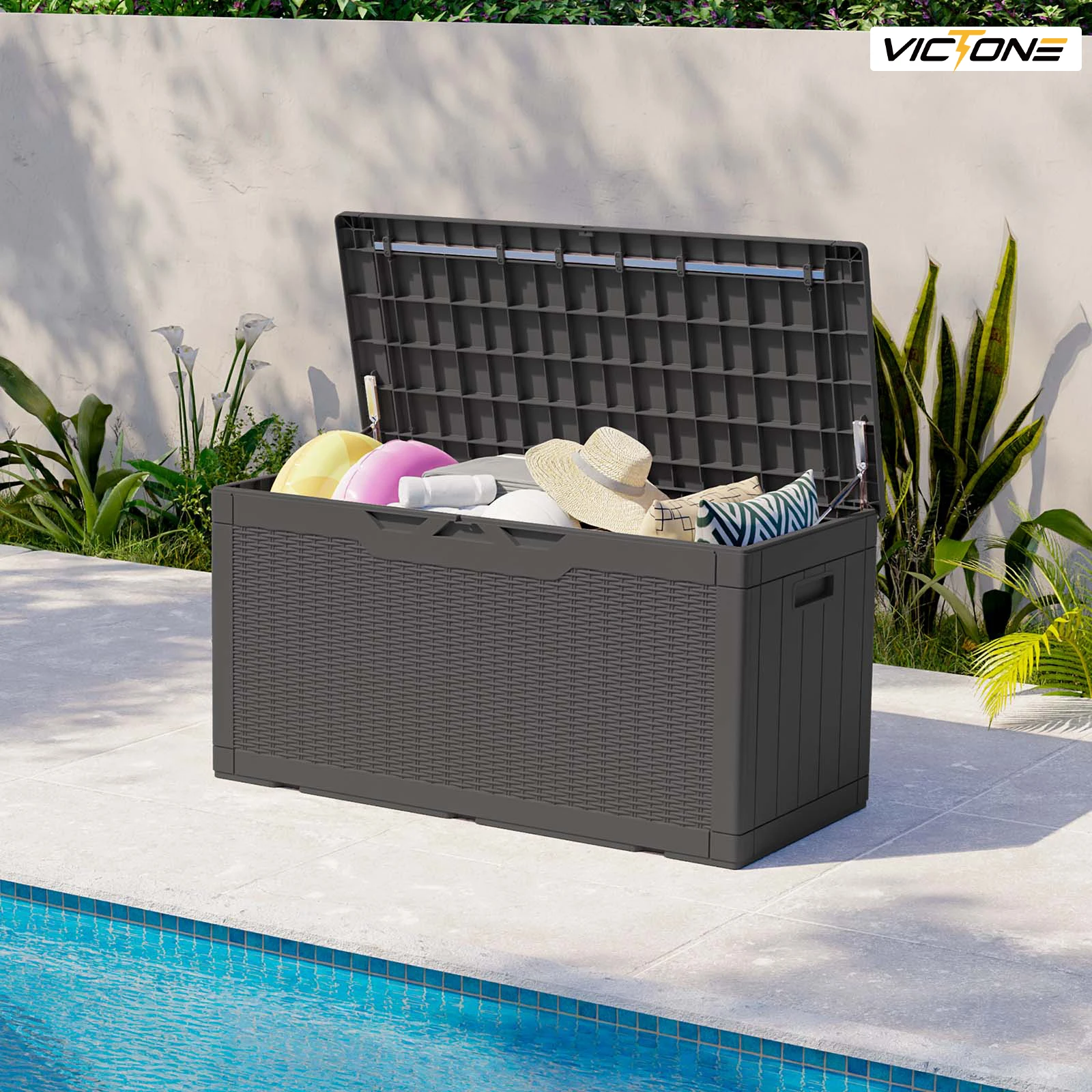 

Victone 100 Gallon Resin Deck Box, Waterproof Large Outdoor Storage Box with Padlock for Patio Furniture Toys and Garden, Black