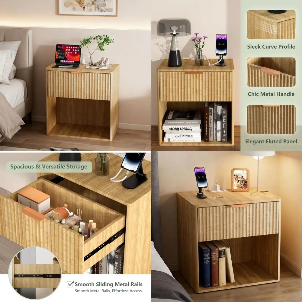 

Mid-Century Modern Nightstand with USB Charging, Drawer & Storage, Fluted Bedside Table for Bedroom & Living Room