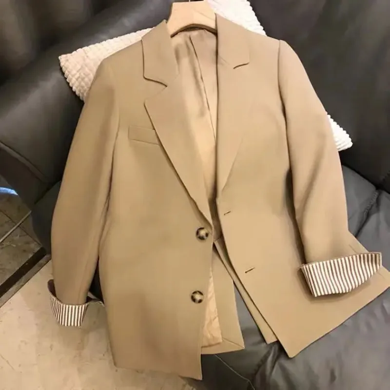 Insozkdg Women's Suit Jacket 2024 New Korean Spring and Autumn Loose Khaki Small Suit All-match Solid Single-breasted Blazer Top