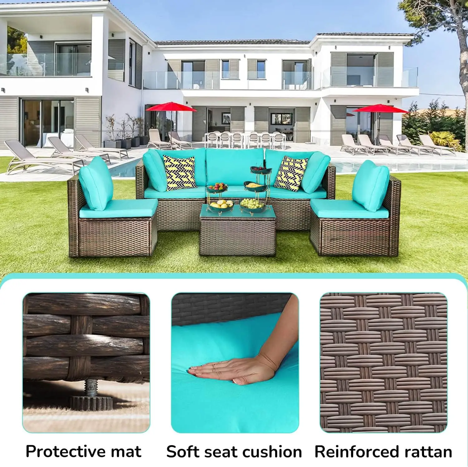 Wicker Conversation Set Sectional Sofa Garden Furniture All-Weather Tea Table&Washable Couch Cushions&Upgrade