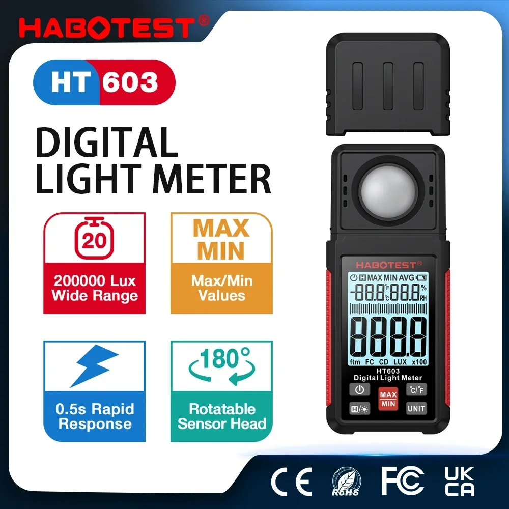 HABOTEST HT603 Light Meter 200000 Lux Digital Illuminance Meter with Ambient Humidity and Temperature Meter