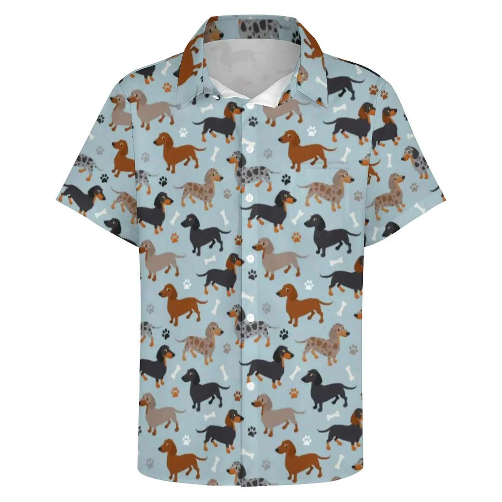 Dog Print Hawaii Shirt Man Dachshund Paws and Bones Casual Shirts Blouses Short-Sleeved Trendy Oversized