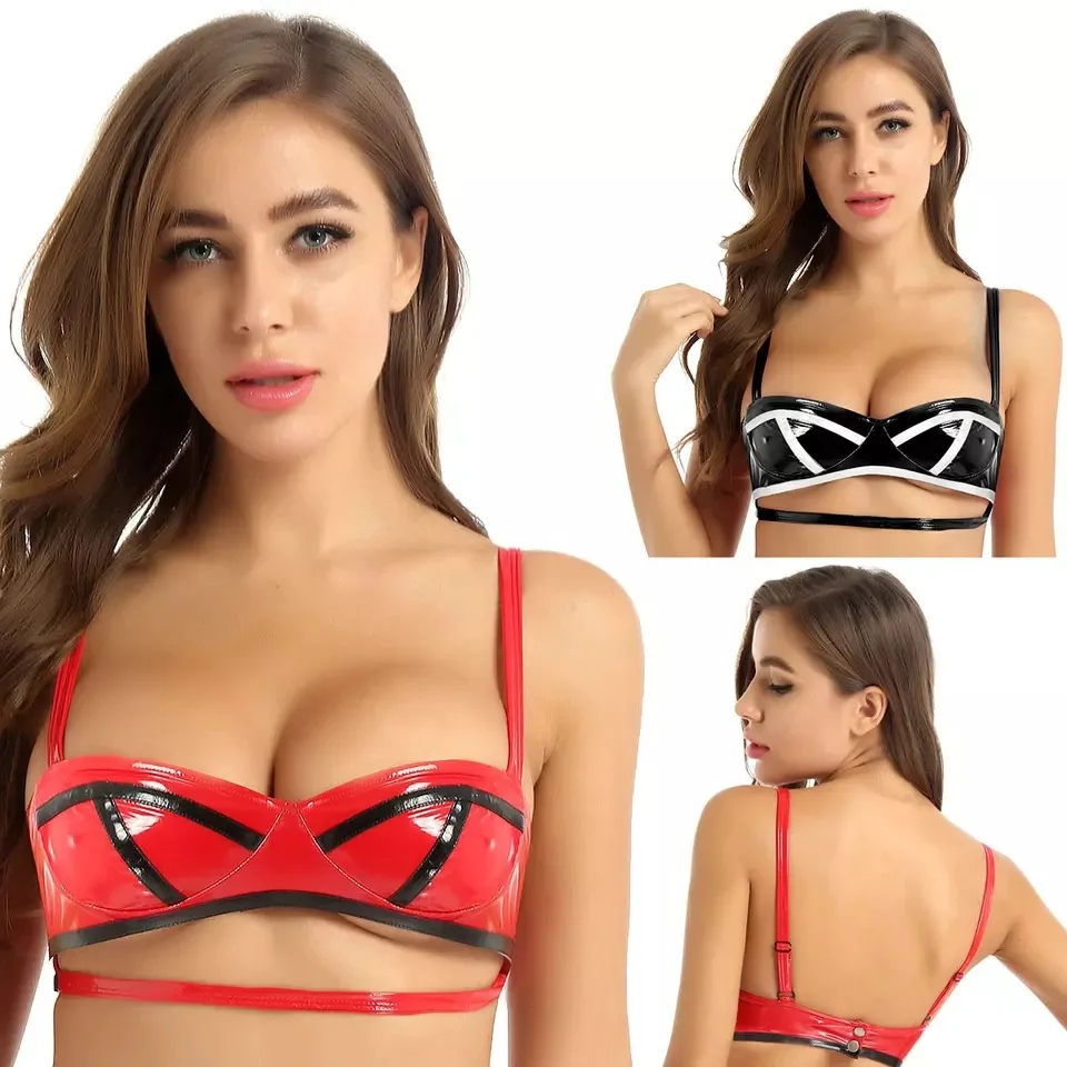 

S-XXXL Women Sexy PVC Bra Open Chest Lingerie Bra Top Patent Leather Underwired Underwear Red Black Straps Unlined Brassiere