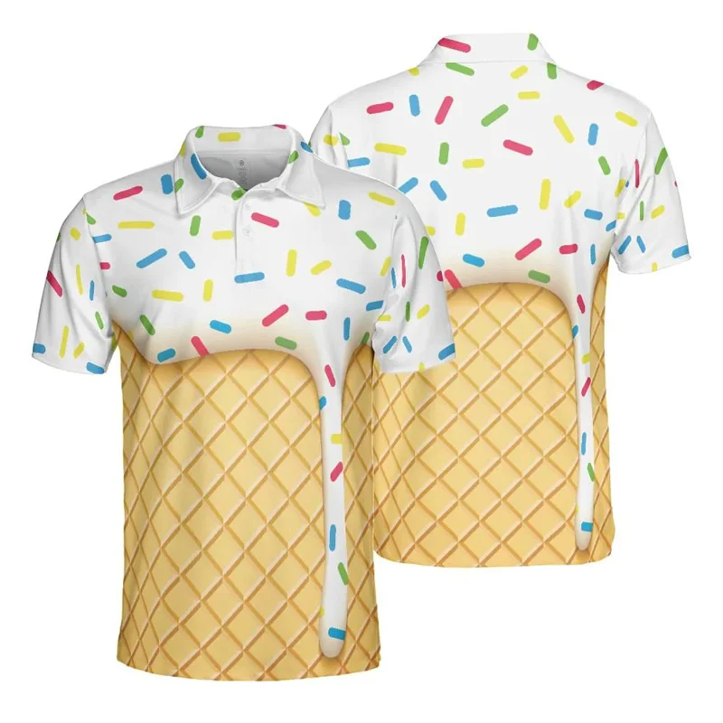 Polo de manga corta con estampado 3D de cono de helado para hombres y mujeres, ropa informal, divertida, Donut Sprinkles, Chocolate, botón