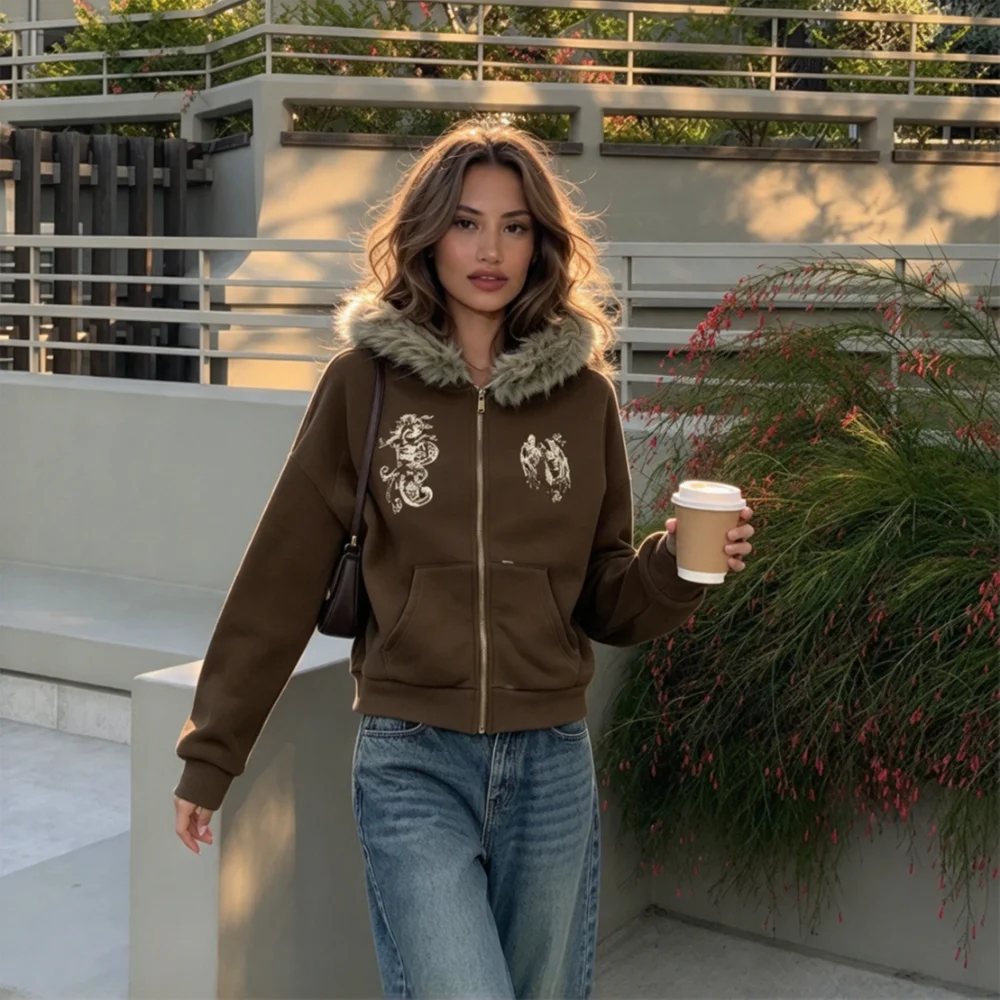 Women Faux Fur Trim Hood Zip Up Sweatshirt Angel Graphic Print Long Sleeve Cropped Casual Jacket