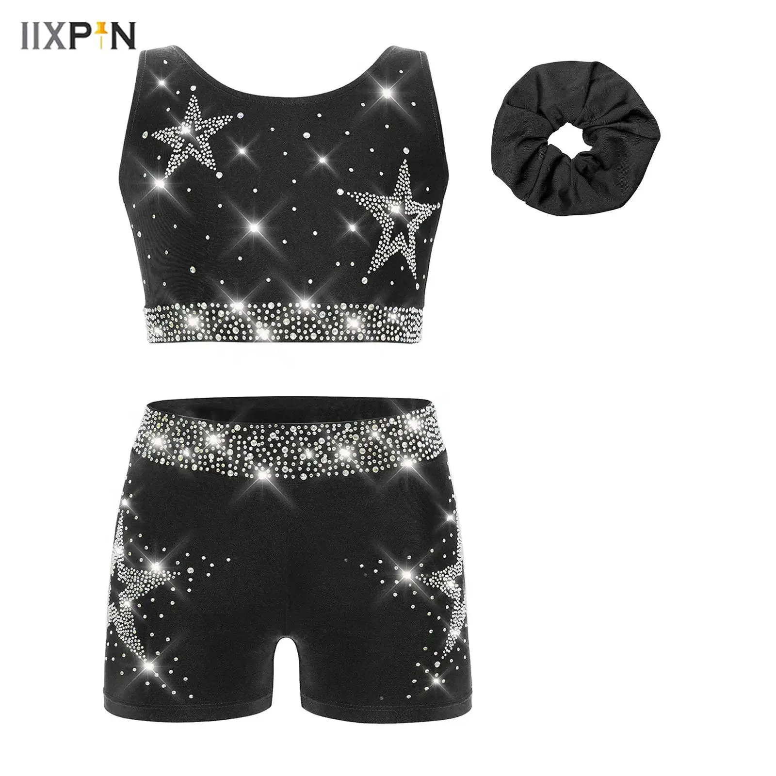 

3Pcs/Set Kids Girls Gymnastics Ballet Dance Costume Outfit U Neck Crisscross Back Shiny Rhinestone Cropped Vest+Shorts+Hair Band