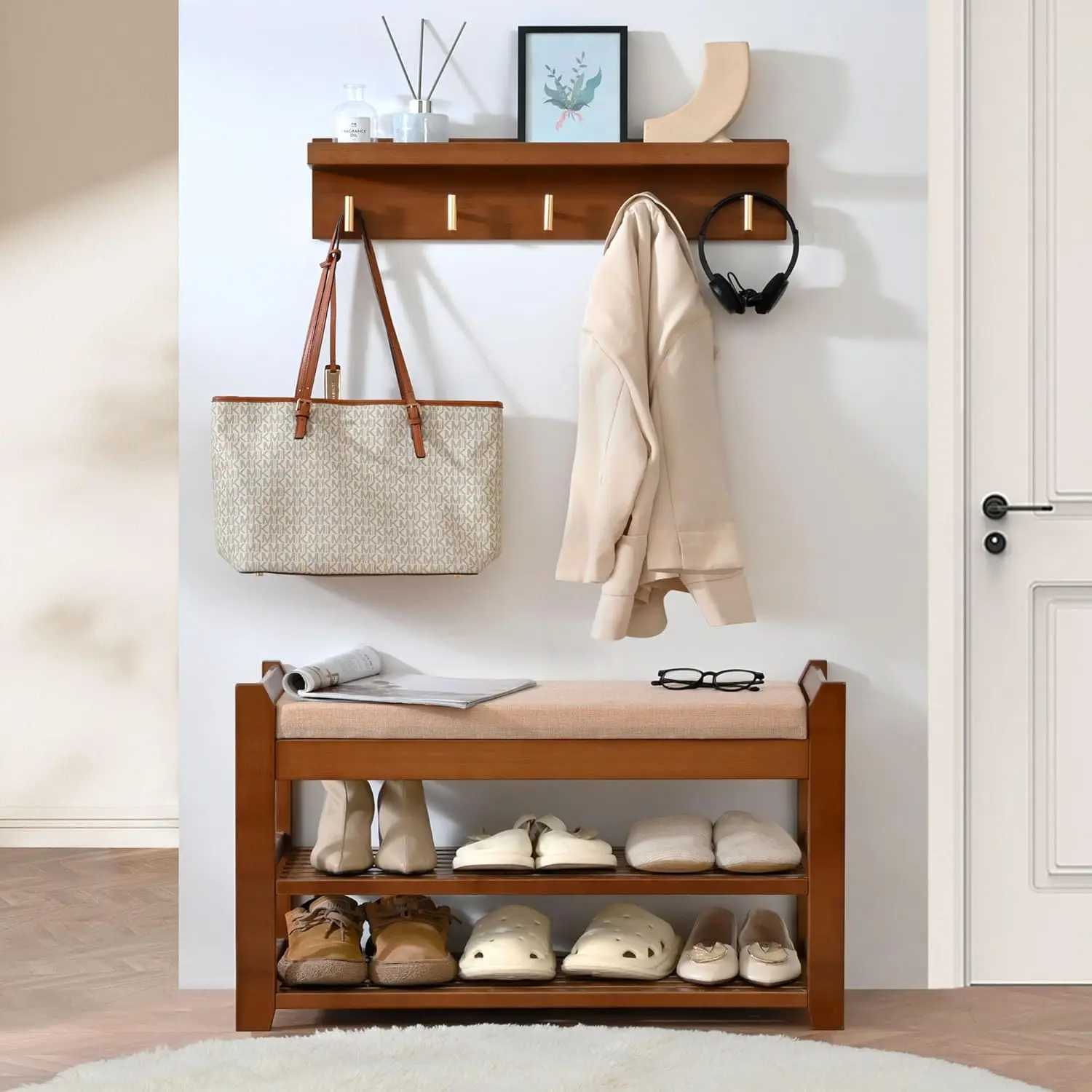 

Shoe Rack for Front Door Entrance, 28” Entryway Bench with Coat Rack, Hall Tree Shoe Bench with Storage for Entry